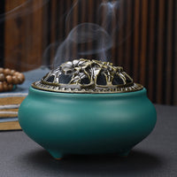 HKM-268627 Ceramic Incense Burner with Copper Lid and Antique Alloy Wire, Buddha Design, 9.5cm Diameter, 7cm Height