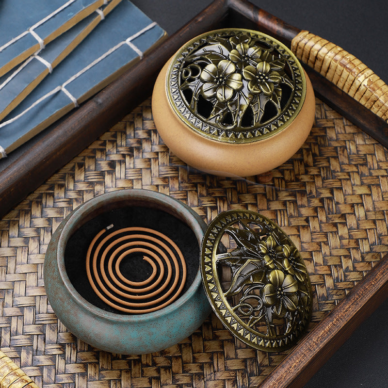 HKM-268627 Ceramic Incense Burner with Copper Lid and Antique Alloy Wire, Buddha Design, 9.5cm Diameter, 7cm Height