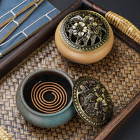 HKM-268627 Ceramic Incense Burner with Copper Lid and Antique Alloy Wire, Buddha Design, 9.5cm Diameter, 7cm Height