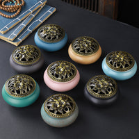 HKM-268627 Ceramic Incense Burner with Copper Lid and Antique Alloy Wire, Buddha Design, 9.5cm Diameter, 7cm Height