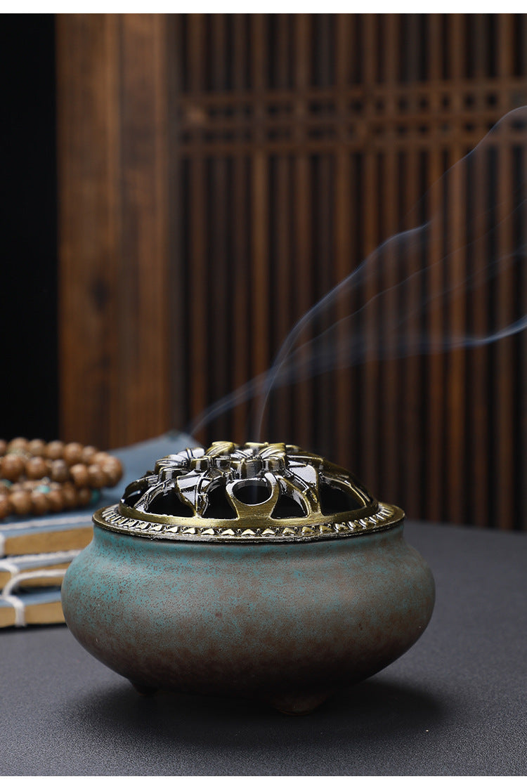 HKM-268627 Ceramic Incense Burner with Copper Lid and Antique Alloy Wire, Buddha Design, 9.5cm Diameter, 7cm Height