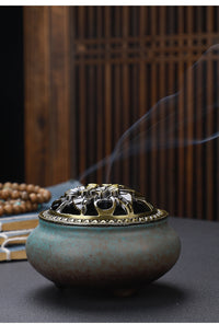 HKM-268627 Ceramic Incense Burner with Copper Lid and Antique Alloy Wire, Buddha Design, 9.5cm Diameter, 7cm Height