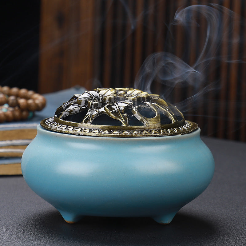 HKM-268627 Ceramic Incense Burner with Copper Lid and Antique Alloy Wire, Buddha Design, 9.5cm Diameter, 7cm Height