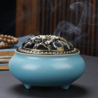 HKM-268627 Ceramic Incense Burner with Copper Lid and Antique Alloy Wire, Buddha Design, 9.5cm Diameter, 7cm Height
