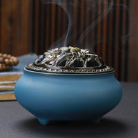 HKM-268627 Ceramic Incense Burner with Copper Lid and Antique Alloy Wire, Buddha Design, 9.5cm Diameter, 7cm Height