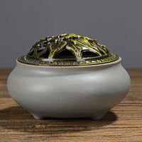 HKM-268627 Ceramic Incense Burner with Copper Lid and Antique Alloy Wire, Buddha Design, 9.5cm Diameter, 7cm Height