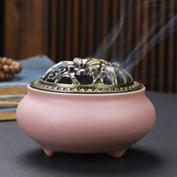 HKM-268627 Ceramic Incense Burner with Copper Lid and Antique Alloy Wire, Buddha Design, 9.5cm Diameter, 7cm Height