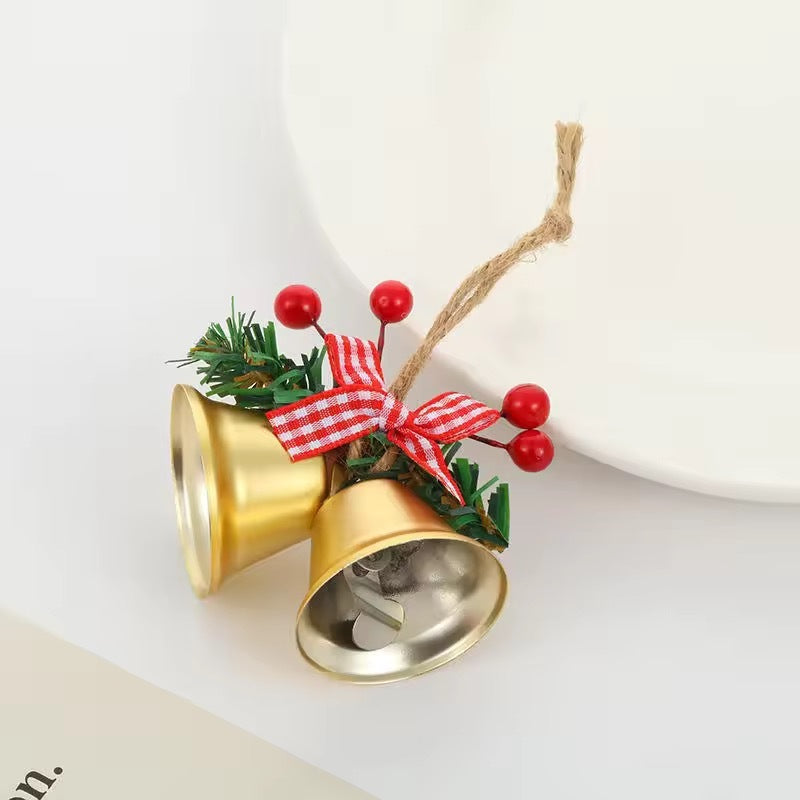 HKM-269139 Hawthorn Bow Hemp Rope Bell Decoration – Double Bell Pendant in White, Red, Gold, Green