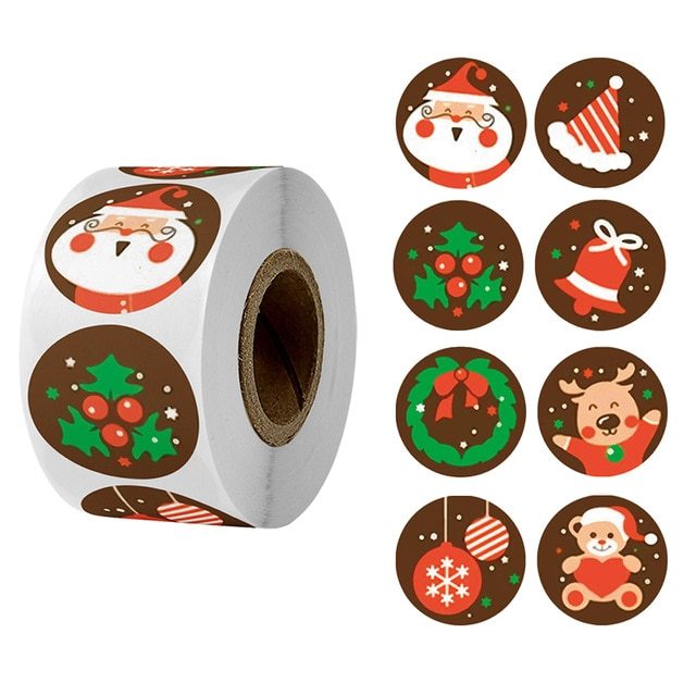 HKM-269459 Kraft Paper Round Stickers for Christmas Day Decoration - 500 Pieces per Roll