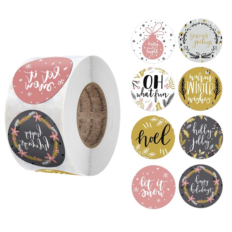 HKM-269459 Kraft Paper Round Stickers for Christmas Day Decoration - 500 Pieces per Roll