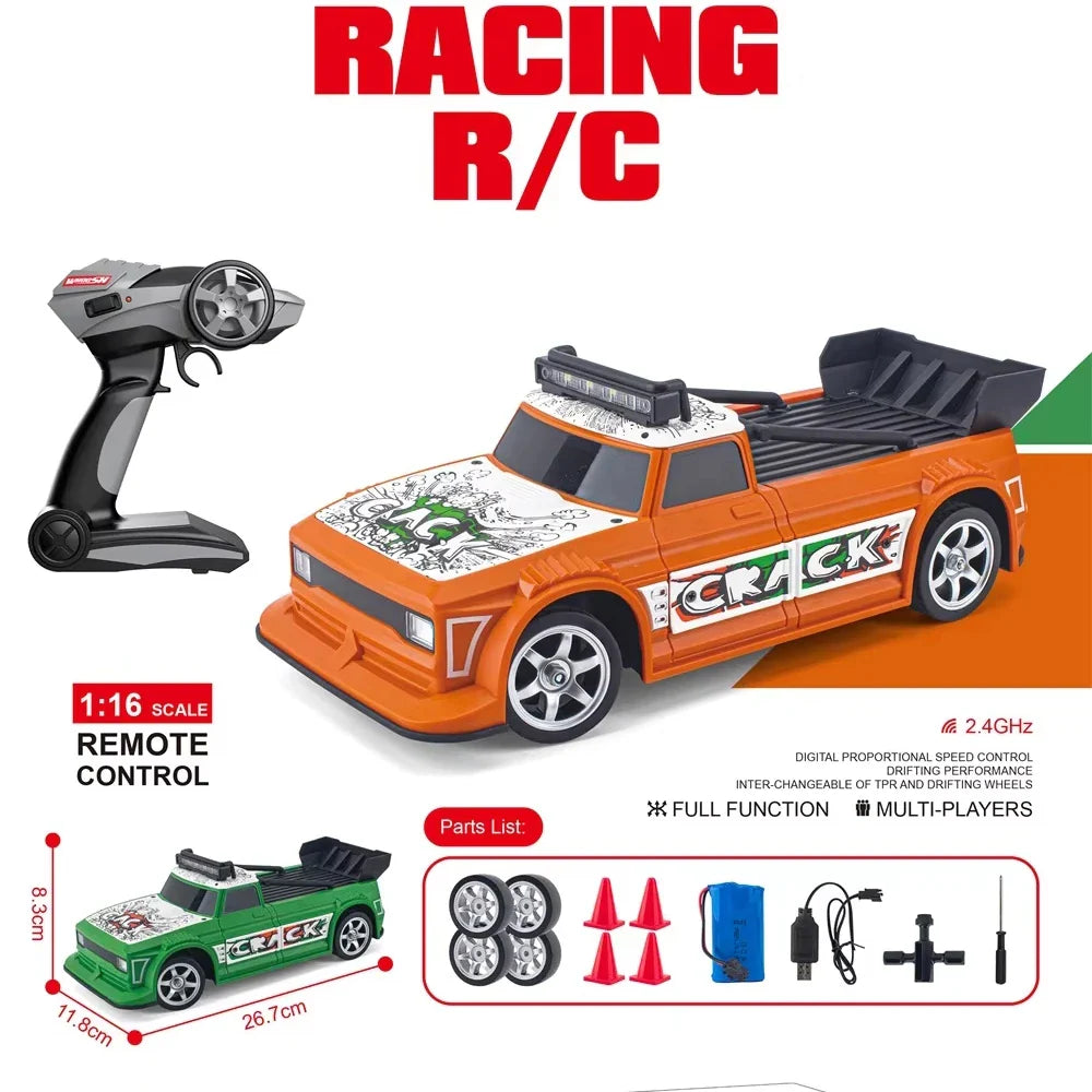 HKM-269843 1/16 Scale Four Wheel Drive Drift Remote Control Car with Replaceable Tires and Obstacles, Indoor-Outdoor Use