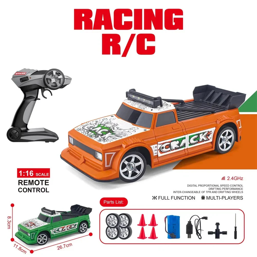 HKM-269843 1/16 Scale Four Wheel Drive Drift Remote Control Car with Replaceable Tires and Obstacles, Indoor-Outdoor Use
