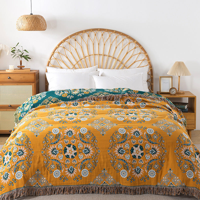 HKM-269843 Pure Cotton Landscape Gauze Towel Blanket with Tassels for Summer, Available in Multiple Sizes