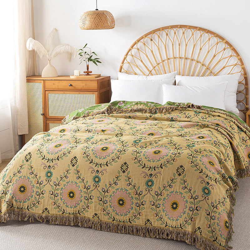 HKM-269843 Pure Cotton Landscape Gauze Towel Blanket with Tassels for Summer, Available in Multiple Sizes