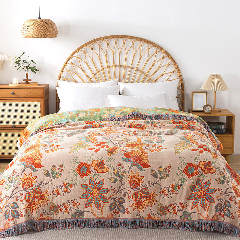 HKM-269843 Pure Cotton Landscape Gauze Towel Blanket with Tassels for Summer, Available in Multiple Sizes