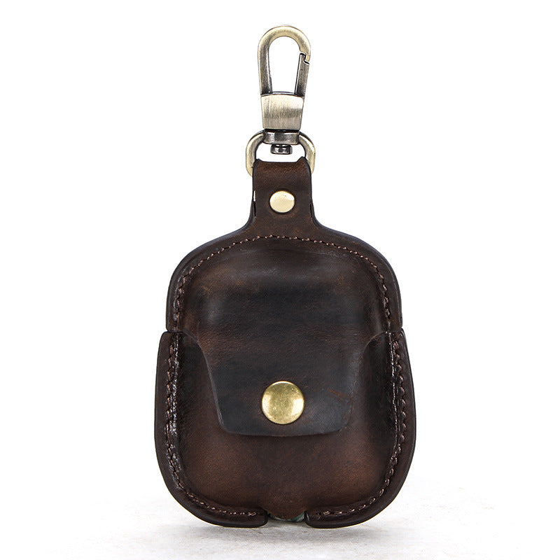 HKM-269907 Leather AirPods Cover with Keychain and Waist Belt Hook, Soft Vintage Design, Charging Hole Access, Compatible with iPhone Models