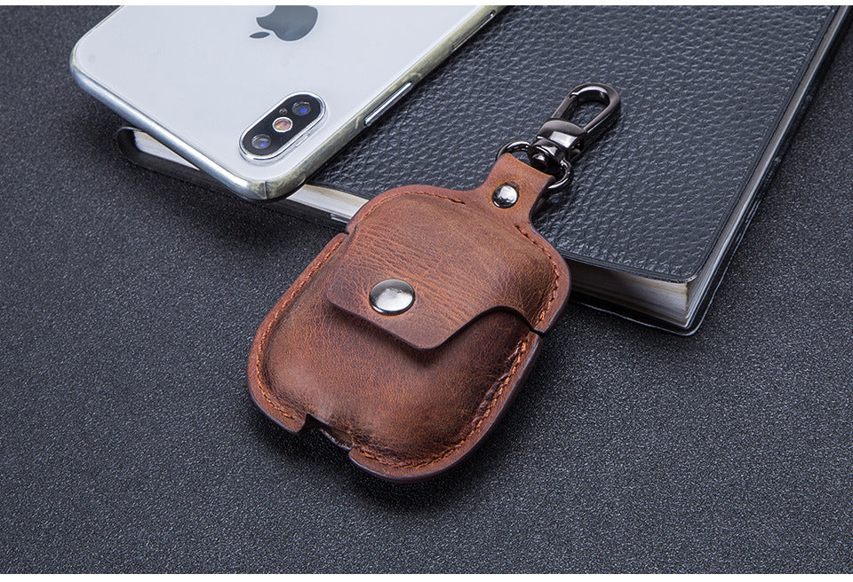 HKM-269907 Leather AirPods Cover with Keychain and Waist Belt Hook, Soft Vintage Design, Charging Hole Access, Compatible with iPhone Models