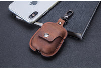 HKM-269907 Leather AirPods Cover with Keychain and Waist Belt Hook, Soft Vintage Design, Charging Hole Access, Compatible with iPhone Models