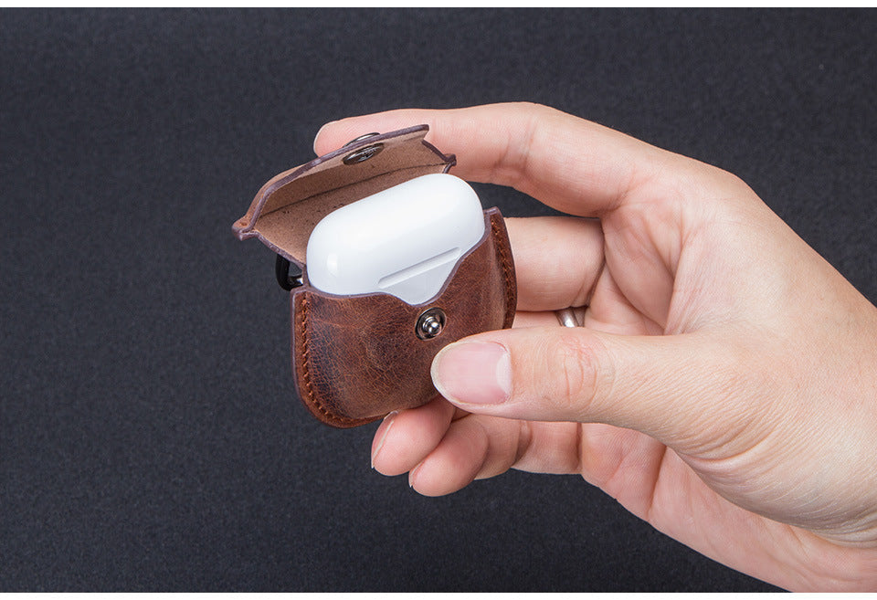 HKM-269907 Leather AirPods Cover with Keychain and Waist Belt Hook, Soft Vintage Design, Charging Hole Access, Compatible with iPhone Models