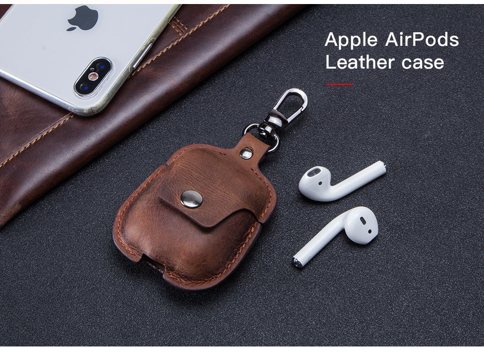 HKM-269907 Leather AirPods Cover with Keychain and Waist Belt Hook, Soft Vintage Design, Charging Hole Access, Compatible with iPhone Models