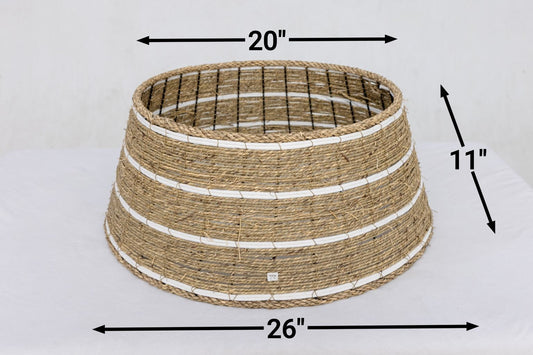 HKM-269971 Woven Seagrass and White Paper Rope Christmas Tree Collar for Coastal Boho Decor