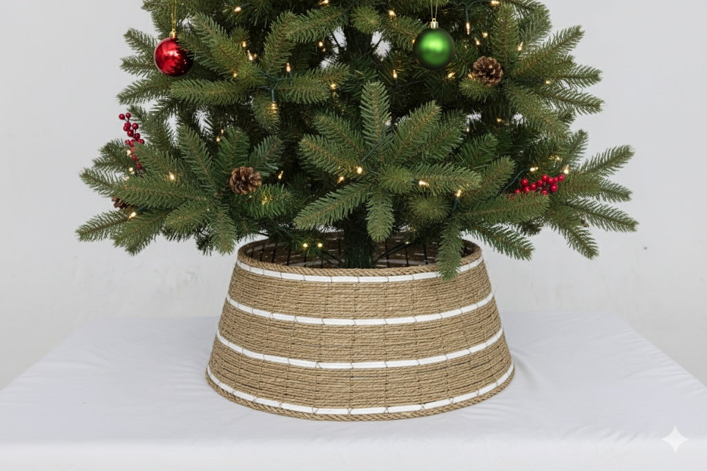 HKM-269971 Woven Seagrass and White Paper Rope Christmas Tree Collar for Coastal Boho Decor