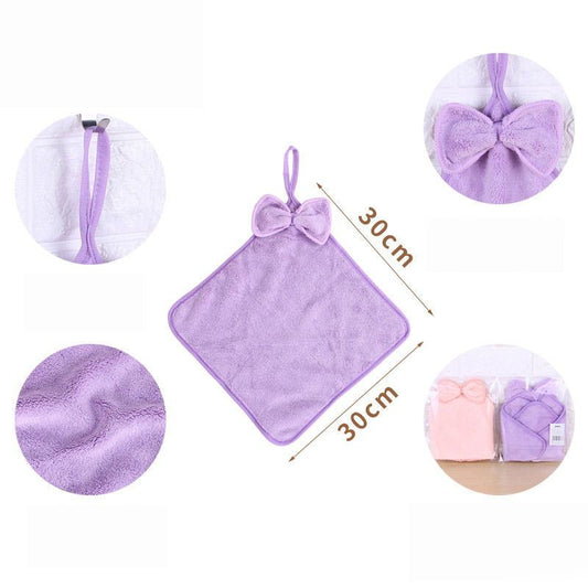 HKM-270419 Lightweight Microfiber Coral Velvet Bow Towel - Absorbent Hand Towel in 4 Colors, 30x30cm
