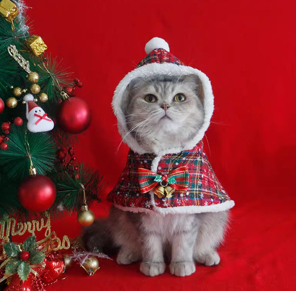 HKM-270483 Christmas Hooded Cloak for Pets - Red Fleece Shawl with Antlers, Winter Warmth, Sizes S, M, L