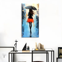 HKM-270931 Hand Painted Modern Abstract Oil Painting of People Walking in the Rain on Canvas, Unframed Wall Art for Living Room and Bedroom Decor