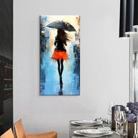 HKM-270931 Hand Painted Modern Abstract Oil Painting of People Walking in the Rain on Canvas, Unframed Wall Art for Living Room and Bedroom Decor
