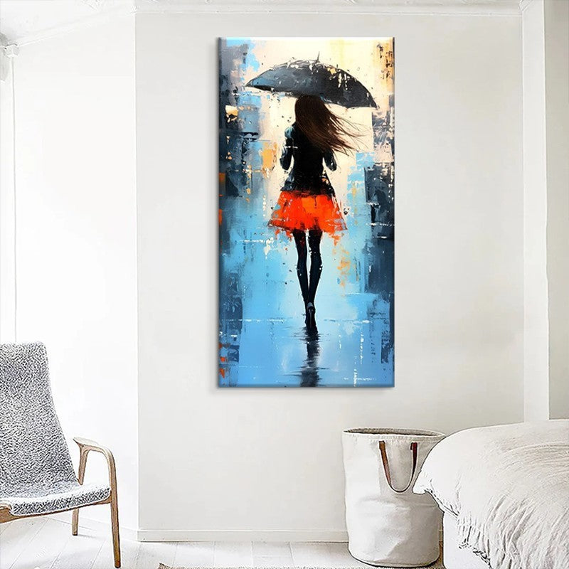 HKM-270931 Hand Painted Modern Abstract Oil Painting of People Walking in the Rain on Canvas, Unframed Wall Art for Living Room and Bedroom Decor