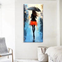 HKM-270931 Hand Painted Modern Abstract Oil Painting of People Walking in the Rain on Canvas, Unframed Wall Art for Living Room and Bedroom Decor