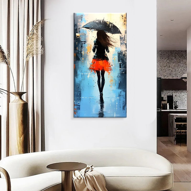HKM-270931 Hand Painted Modern Abstract Oil Painting of People Walking in the Rain on Canvas, Unframed Wall Art for Living Room and Bedroom Decor