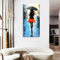HKM-270931 Hand Painted Modern Abstract Oil Painting of People Walking in the Rain on Canvas, Unframed Wall Art for Living Room and Bedroom Decor