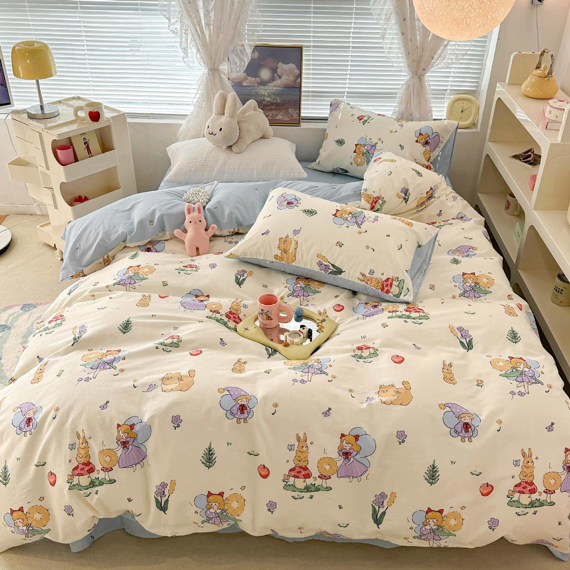 HKM-270995 Floral Rabbit Cotton Bedding Set – Three or Four Piece Pastoral Design with Quilt Cover and Bed Sheet