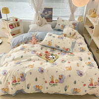 HKM-270995 Floral Rabbit Cotton Bedding Set – Three or Four Piece Pastoral Design with Quilt Cover and Bed Sheet