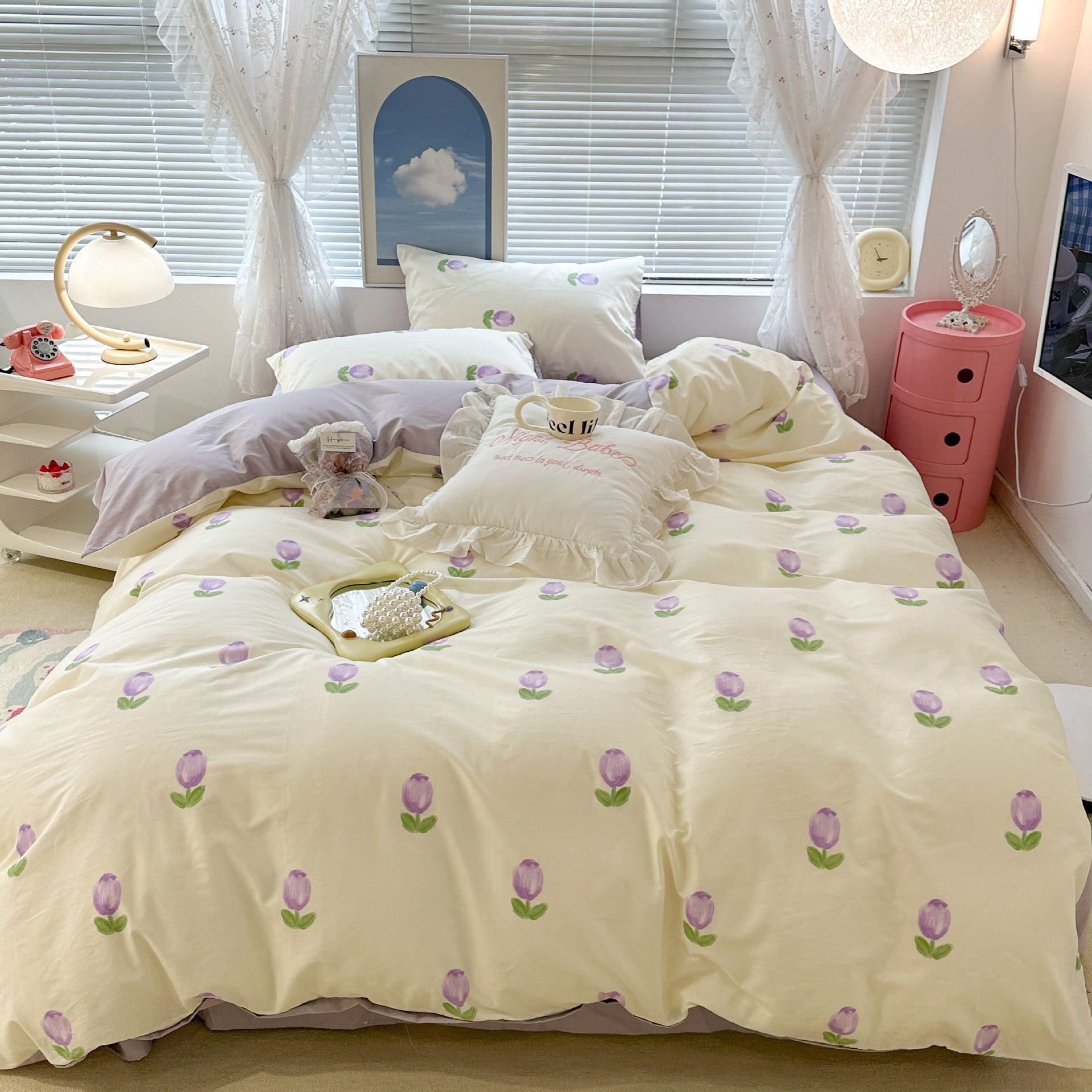 HKM-270995 Floral Rabbit Cotton Bedding Set – Three or Four Piece Pastoral Design with Quilt Cover and Bed Sheet