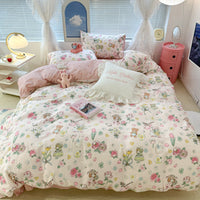 HKM-270995 Floral Rabbit Cotton Bedding Set – Three or Four Piece Pastoral Design with Quilt Cover and Bed Sheet