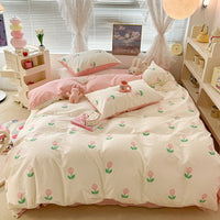 HKM-270995 Floral Rabbit Cotton Bedding Set – Three or Four Piece Pastoral Design with Quilt Cover and Bed Sheet