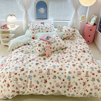 HKM-270995 Floral Rabbit Cotton Bedding Set – Three or Four Piece Pastoral Design with Quilt Cover and Bed Sheet