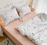 HKM-271315 Bunny Design Four-Piece Cotton Bedding Set in Pastoral Style for Dorm Rooms
