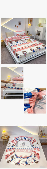 HKM-271315 Cotton Elastic Fitted Bed Sheet Set with Geometric Print – Queen/King Size Bedspread and Pillowcases