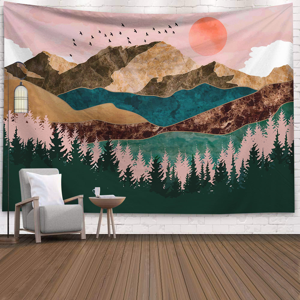 KTX-271699 Sun and Mountains Geometric Wool Tapestry - Machine Woven Decorative Wall Art