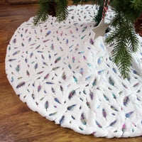 HKM-271763 Elegant White Plush Christmas Tree Skirt with Golden and Silver Feather Design, 90cm & 122cm Sizes