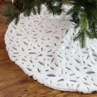 HKM-271763 Elegant White Plush Christmas Tree Skirt with Golden and Silver Feather Design, 90cm & 122cm Sizes