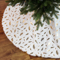 HKM-271763 Elegant White Plush Christmas Tree Skirt with Golden and Silver Feather Design, 90cm & 122cm Sizes