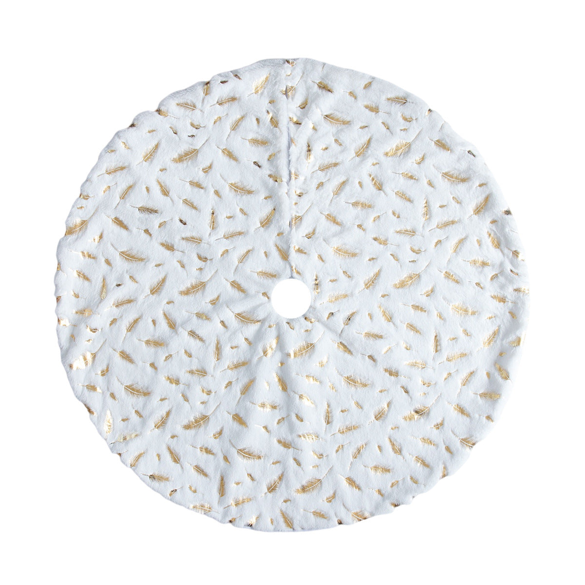 HKM-271763 Elegant White Plush Christmas Tree Skirt with Golden and Silver Feather Design, 90cm & 122cm Sizes