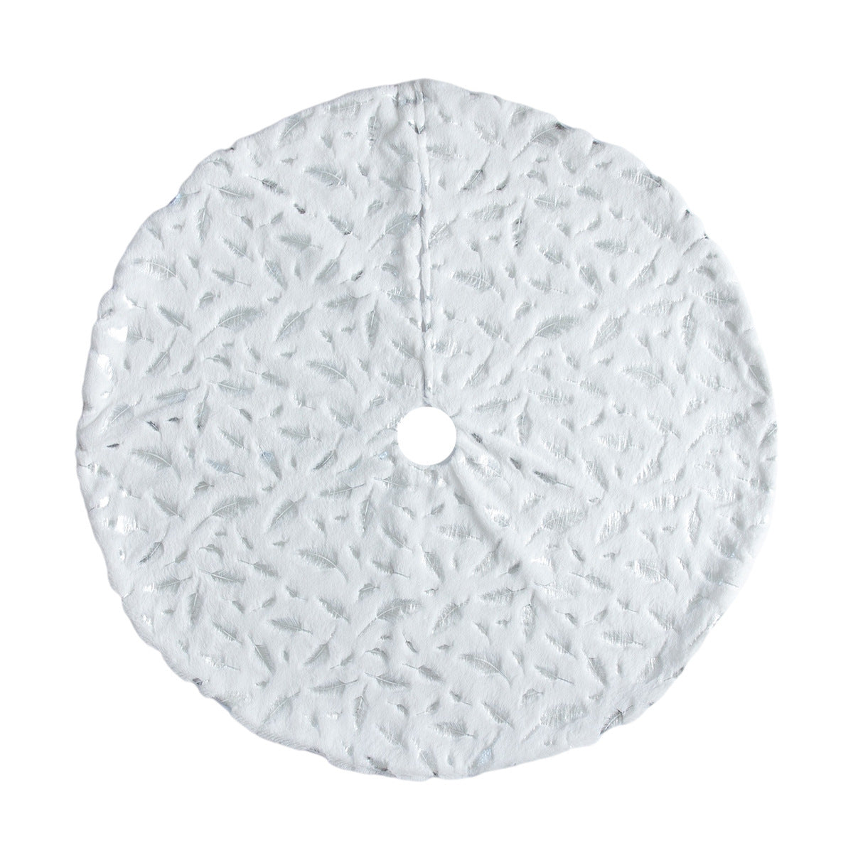 HKM-271763 Elegant White Plush Christmas Tree Skirt with Golden and Silver Feather Design, 90cm & 122cm Sizes