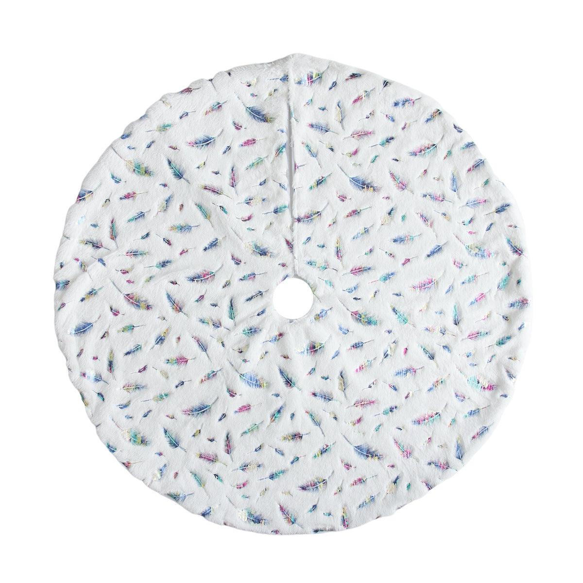 HKM-271763 Elegant White Plush Christmas Tree Skirt with Golden and Silver Feather Design, 90cm & 122cm Sizes