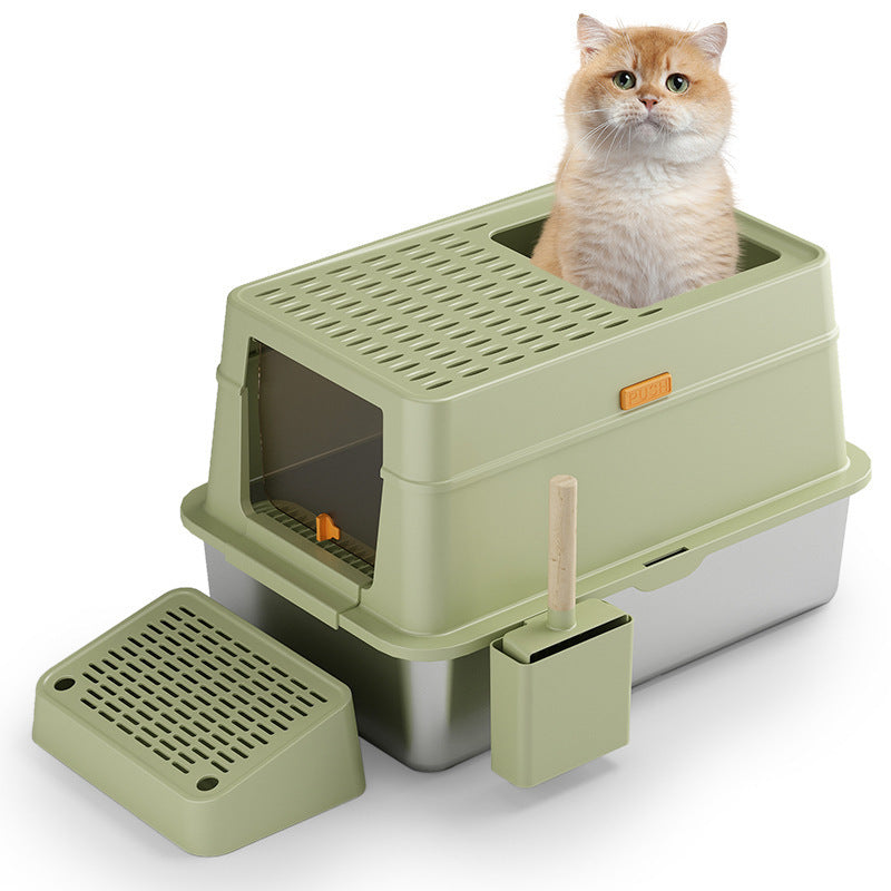 HKM-271827 Gray Stainless Steel Enclosed Cat Toilet with Pedal and ABS Plastic Features